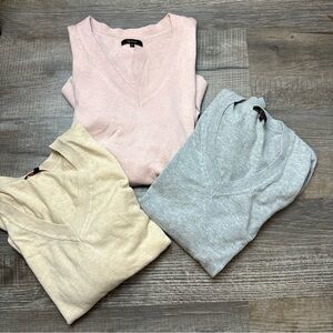 Quince V-Neck Sweater Set - Soft Pink, Cream, Light Gray